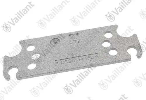 Graue Isolierplatte von Vaillant mit mehreren Ausschnitten und Löchern zur Befestigung, geeignet für Heizungsanwendungen.